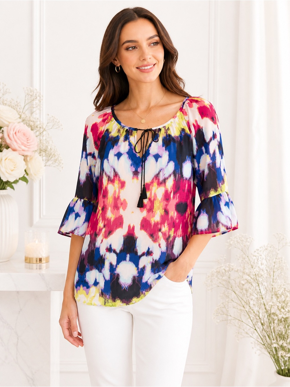 Milly for Designation Tie Dye Boho Blouse Bell Sleeve Peasant Top NWT S
